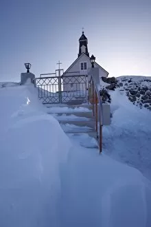 Strandakirkja wooden church in winter, said to be the richest in Iceland