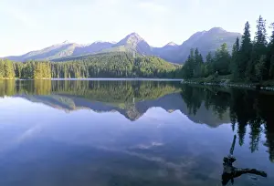Slovak Republic Prints: Strbske pleso (lake) and peaks of Vysoke Tatry mountains at sunrise