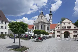 Street cafe in front of Baroque cathedral, Zwiefalten Monastery, Swabian Alb, Baden Wurttemberg, Germany, Europe