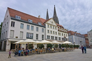Regensburg Prints: Street cafe on a Market Square, Regensburg, Bavaria, Germany, Europe