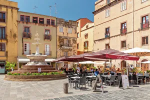 Water Fountain Prints: Street cafe in the old town of Bosa