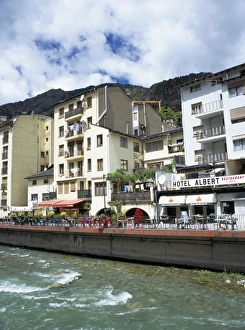 Andorra Prints: Street cafes on the bank of Riu Valira which runs through the capital city