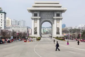 North Korean Prints: Street celebrations in front of the Arc of Triumph on the 100th anniversary of the birth of President Kim Il Sung
