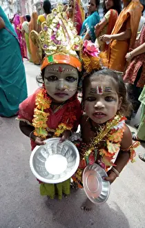 Portraits Prints: Two street children dressed in the style of Krishna at Diwali festival time