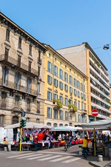 Pedestrian Crossing Prints: A street market in Milan, Lombardy, Italy, Europe