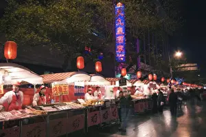 Fast Food Prints: A street market selling local food in Wangfujing shopping street, Beijing, China, Asia