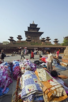 Textiles Prints: Street market and temple at Durbar Square, Kathmandu, Nepal, Asia