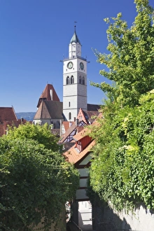 Street in the old town with St. Nikolaus Minster, Uberlingen, Lake Constance (Bodensee), Baden Wurttemberg, Germany, Europe
