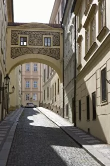 Empty street scene, decorative arch, Little Quarter, Old Town, Prague, Czech Republic