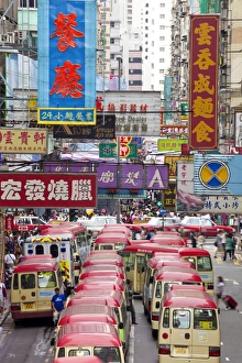 Kowloon Prints: Street scene and Mini bus station, Mong Kok, Kowloon, Hong Kong, China, Asia