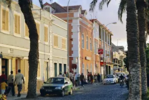 Sao Vicente Prints: Street scene on sea front in Mindelo, capital of Sao Vicente Island, Cape Verde Islands