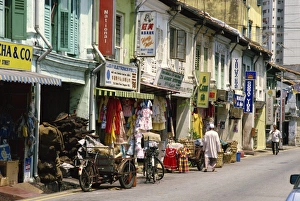 Singapore Prints: Street scene of shops and signs in Little India on