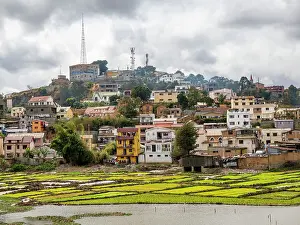 Economy Prints: Street scenes of daily life in Antanavarino, Madagascar with buildings and fields in view