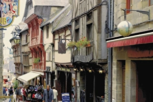 Cotes Darmor Prints: Street with shops and half timbered houses in Old Town, Lannion, Cotes d Armor