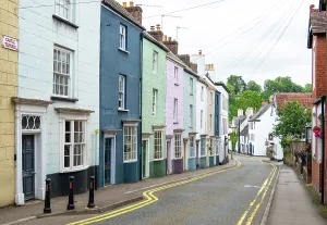 Quaint Prints: Streets lined with colorful homes in a historic market town in Monmouthshire, Wales