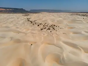 Rippled Prints: A stretch of white dunes surrounded by canyons near Kamour