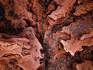 Red Sandstone Prints: Striking red sandstone cliffs in Kok-Moinok Canyon, Kyrgyzstan, Central Asia, Asia