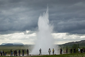 Stormy Sky Prints: Strokkur geyser, Geysir, Golden Circle, Iceland, Polar Regions