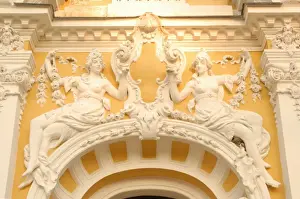 Karlovarsky Prints: Detail of stucco decoration on facade of Dvorana Glauberovych Spring Spa building dating from the 19th century