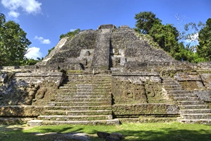 Stucco mask (lower left), The High Temple, Lamanai Mayan Site, Belize, Central America