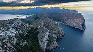Geography Prints: Stunning aerial view of Formentor peninsula with Port de Pollenca in the distance in Mallorca