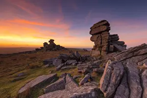 Stunning evening sunlight above Great Staple Tor at sunset in the winter, Dartmoor