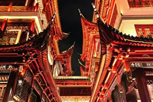 Aesthetics Prints: Stunning reddish roofs of Yu Garden (Garden of Happiness) at night, Shanghai, China