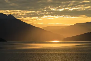 Rippled Gallery: Stunning sunrise over the huge Hardanger Bridge, misty dawn, beautiful clouds