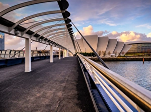 Pedestrian Bridge Prints: A stunning sunset over Bells Bridge, Glasgow, Scotland, United Kingdom, Europe