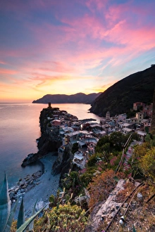 Cinque Terre Prints: A stunning sunset over the old town and harbour of Vernazza, Cinque Terre, UNESCO