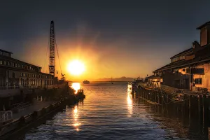 Seattle Prints: Stunning sunset over Pier 55 in Seattle, Washington State, United States of America