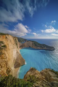 Rock Cliff Prints: Stunning view of the cliffs in Shipwreck Cove in summer on Zante Island, Greece