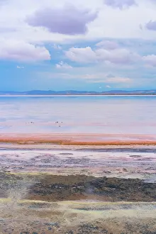 Ecosystems Prints: Stunning view of Tuz salt lake showing pink colors during sunset in Turkey with reflections on the water surface