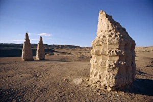 Dun Huang Prints: Stupas in the desert of Mogao, at Dunhuang, Gansu Province, China, Asia