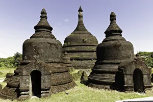 Mrauk U Prints: Three stupas of Ratanabon temple with clear blue sky behind, Mrauk U, Rakhine