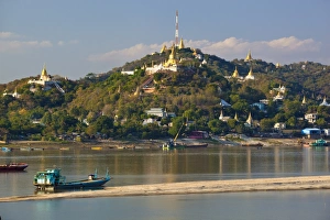 Mandalay Prints: Stupas on Sagaing Hill and Ayeyarwady River, Sagaing, near Mandalay, Myanmar (Burma), Asia