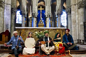 Five People Prints: Sufi music band at Sufi Muslim wedding in St. Nicolass Catholic church, Blois