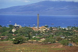 Factories Prints: Sugar mill at Lahaina, with Lanai island in distance, Maui, Hawaii, Hawaiian Islands