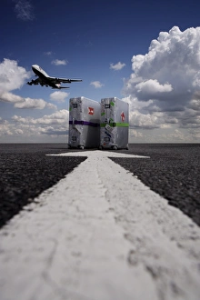 Images Dated 6th November 2009: Suitcases with aircraft taking off