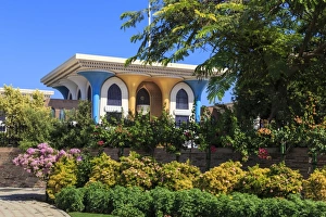 Al Alam Palace Prints: Sultans Palace, with mushroom pillars of blue and gold, viewed beyond lush greenery