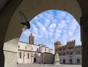 Piazza Dante Prints: Summer sky over Canapone monument statue and Duomo, Piazza Dante, Grosseto, Tuscany