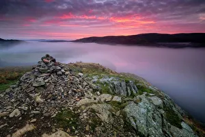 Cairn Prints: Summit Cairn on Yew Crag above misty Ullswater at sunrise
