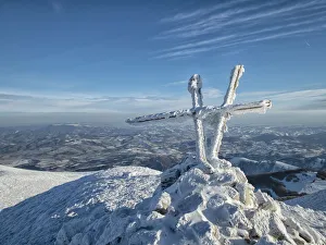 Apennines Prints: Summit cross of Mount Acuto in winter, Apennines, Umbria, Italy, Europe
