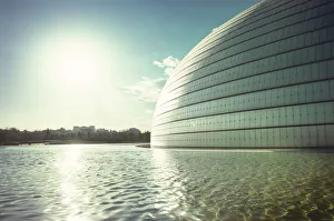 Beijing Prints: Sun and a partial view of Beijing Opera building with pool, Beijing, China, Asia
