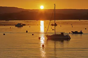 Sailboat Prints: Sun sets over River Exe estuary with boats along the shoreline in Exmouth, Devon