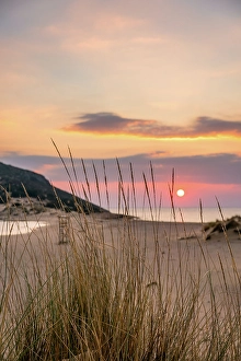 Elafonisos Prints: Sun setting down at the sea on a wild natural beach, Elafonisos Island, Greece