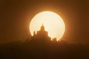 Basilicas Prints: Sun behind the silhouette of San Luca Sanctuary during sunset