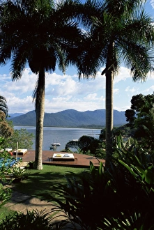 Sundeck and view across the bay, Pousada Picinguaba, Costa Verde, south of Rio