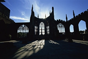 Sunlight through windows in the old Christian cathedral ruins, Coventry