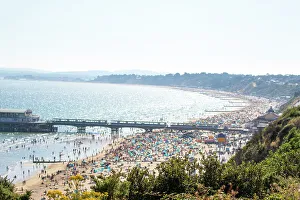 Crowded Prints: Sunny beach day with crowded sandy shore and pier